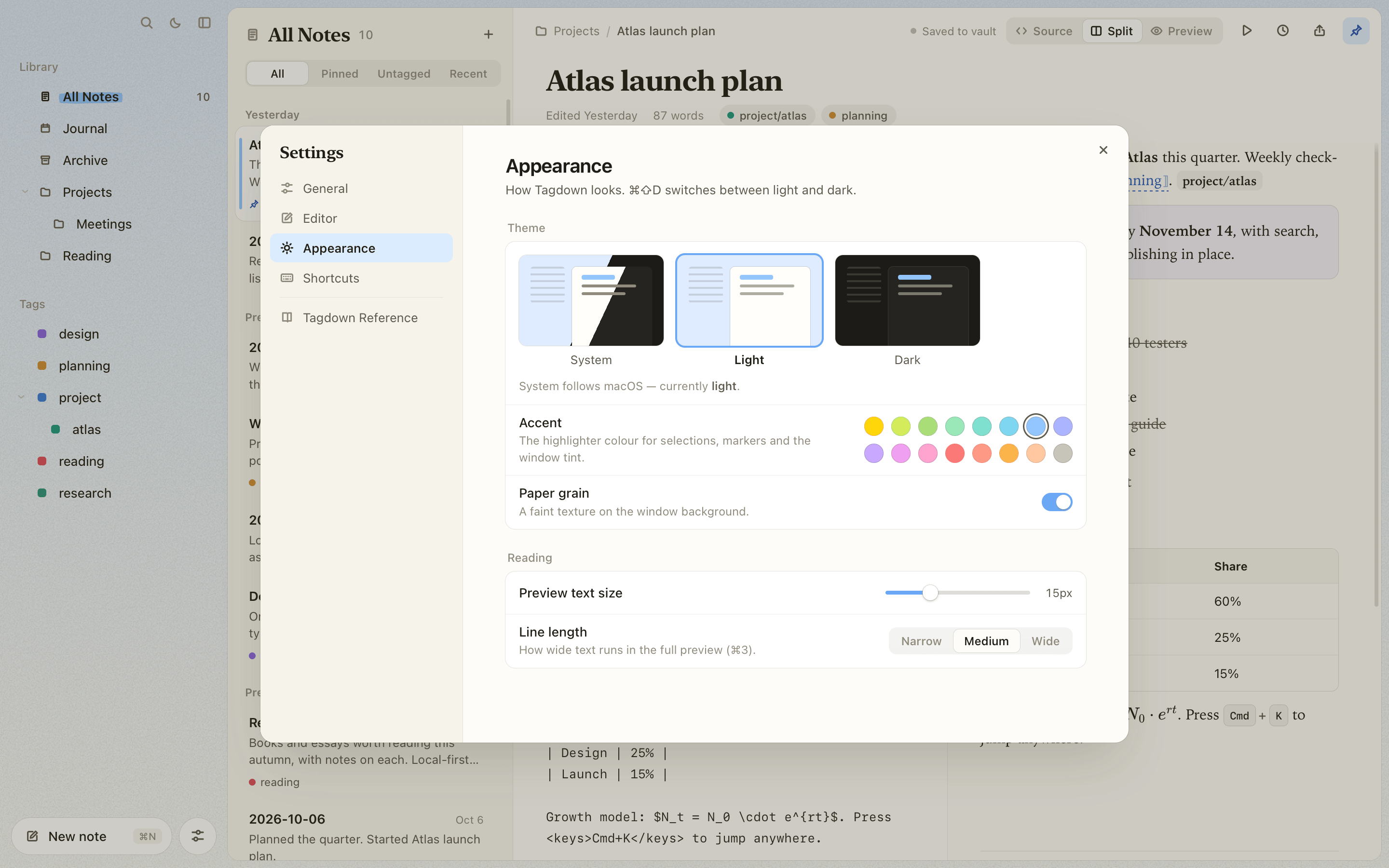 Settings, Appearance page, with the blue accent: the theme picker, sixteen accent swatches, the paper grain switch, and the app behind it tinted blue