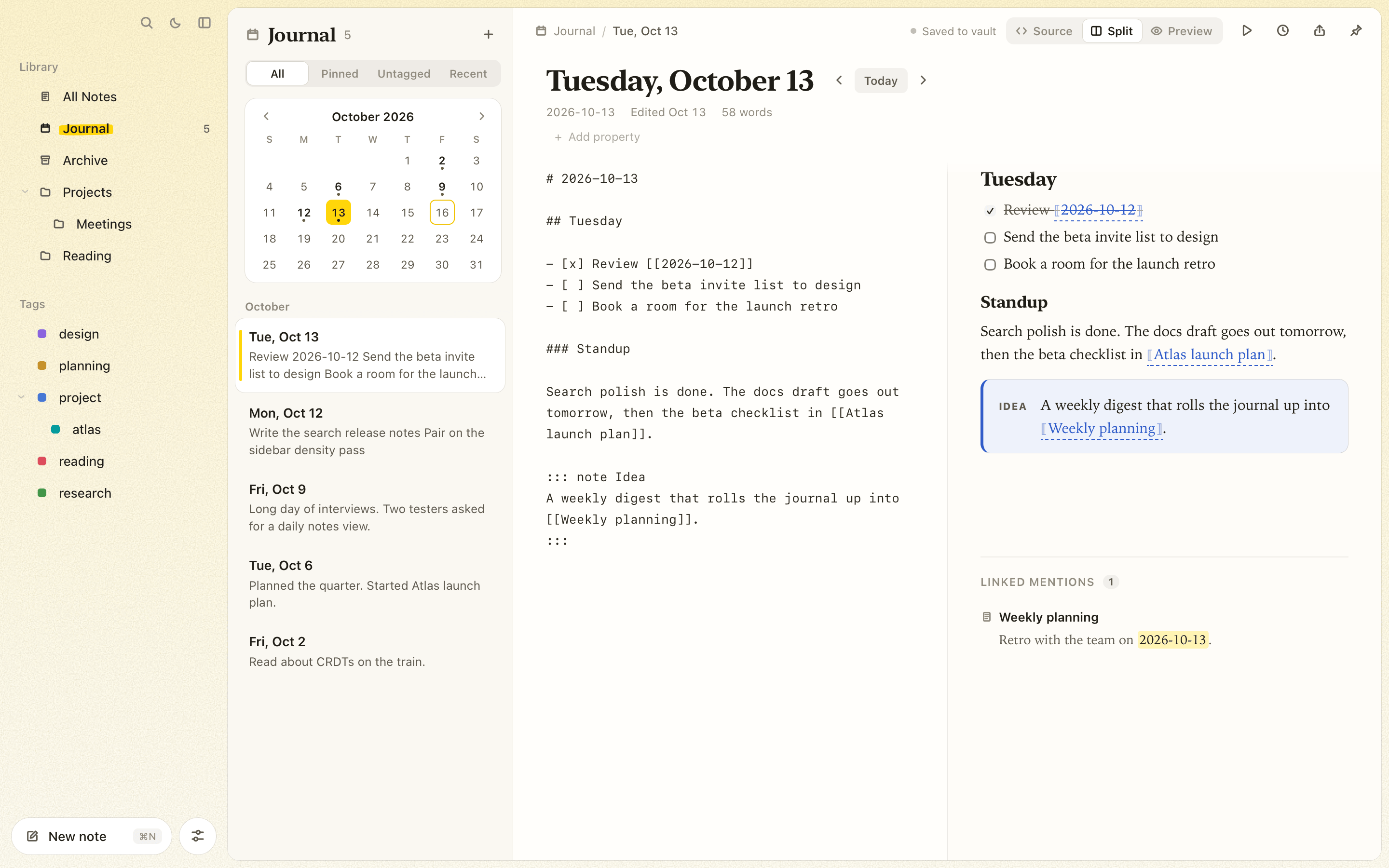The Journal: a month calendar with dots on days that have a page, the days listed newest first, and today's page open with tasks, standup notes, and a linked mention from Weekly planning