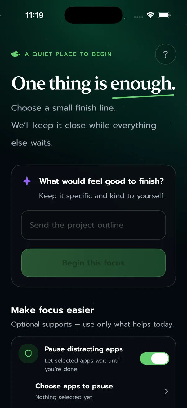 Task Focus app home screen showing a task field and optional focus supports