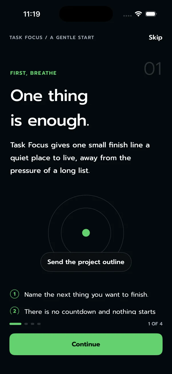 Task Focus onboarding screen explaining that one thing is enough